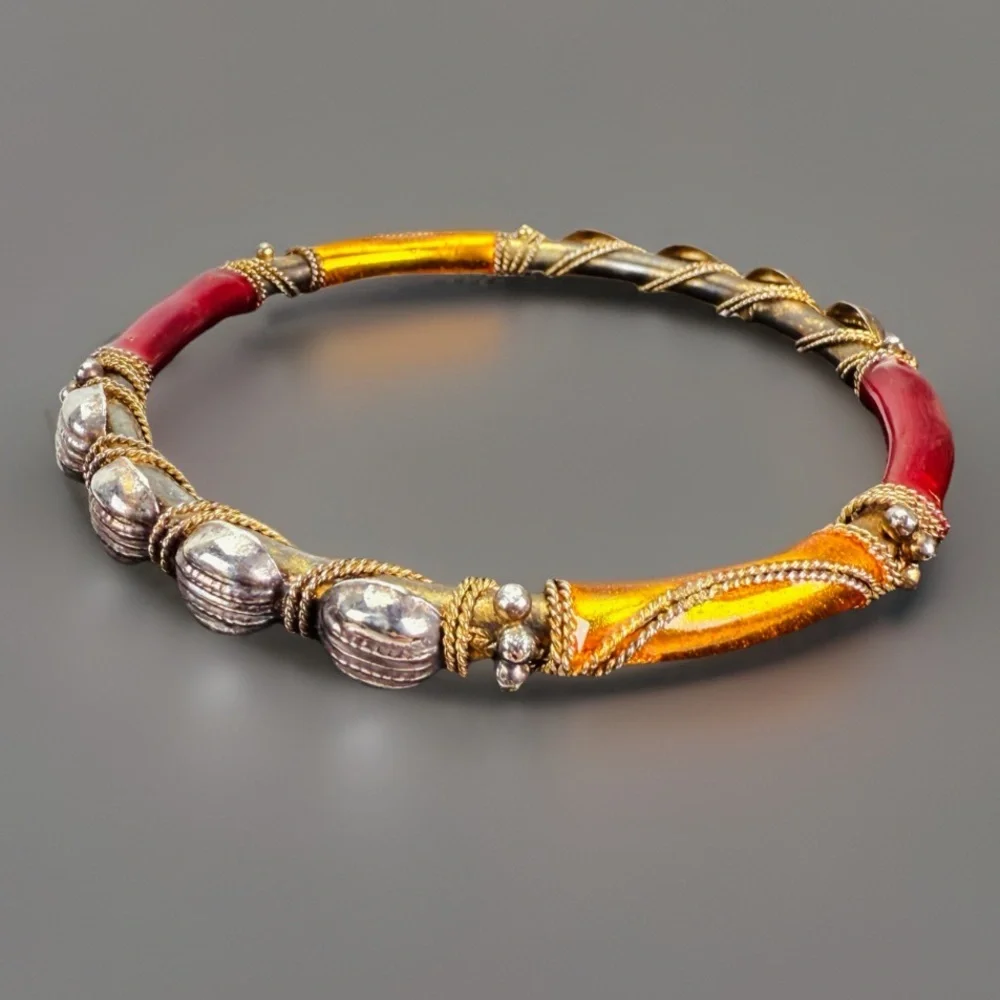 Vintage aged Goldtone and Red Bangle Bracelet